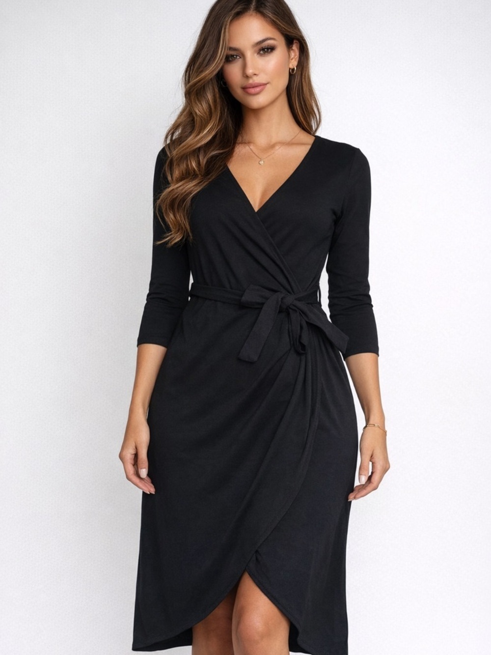 Classic Black Wrap Midi Dress with Self-Tie Waist
